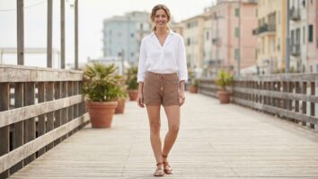 Mulher sorrindo em short de crochê marrom em ambiente de cidade à beira mar