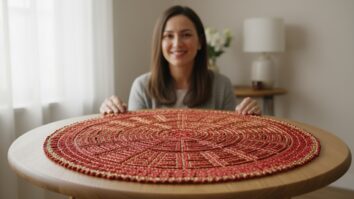 Mulher sorridente apresentando mesa de madeira natural com centro de mesa de crochê luxuoso em algodão vermelho com detalhes dourados, destacando a textura delicada e o acabamento refinado da peça artesanal.