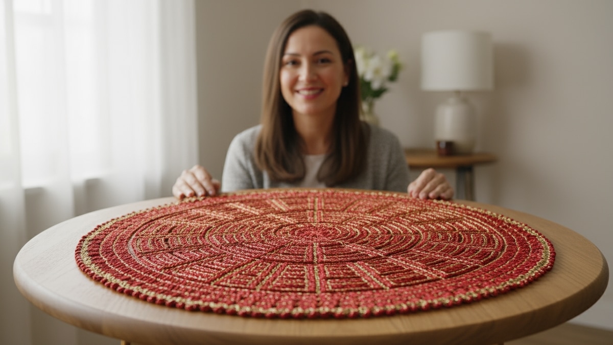 Mulher sorridente apresentando mesa de madeira natural com centro de mesa de crochê luxuoso em algodão vermelho com detalhes dourados, destacando a textura delicada e o acabamento refinado da peça artesanal.