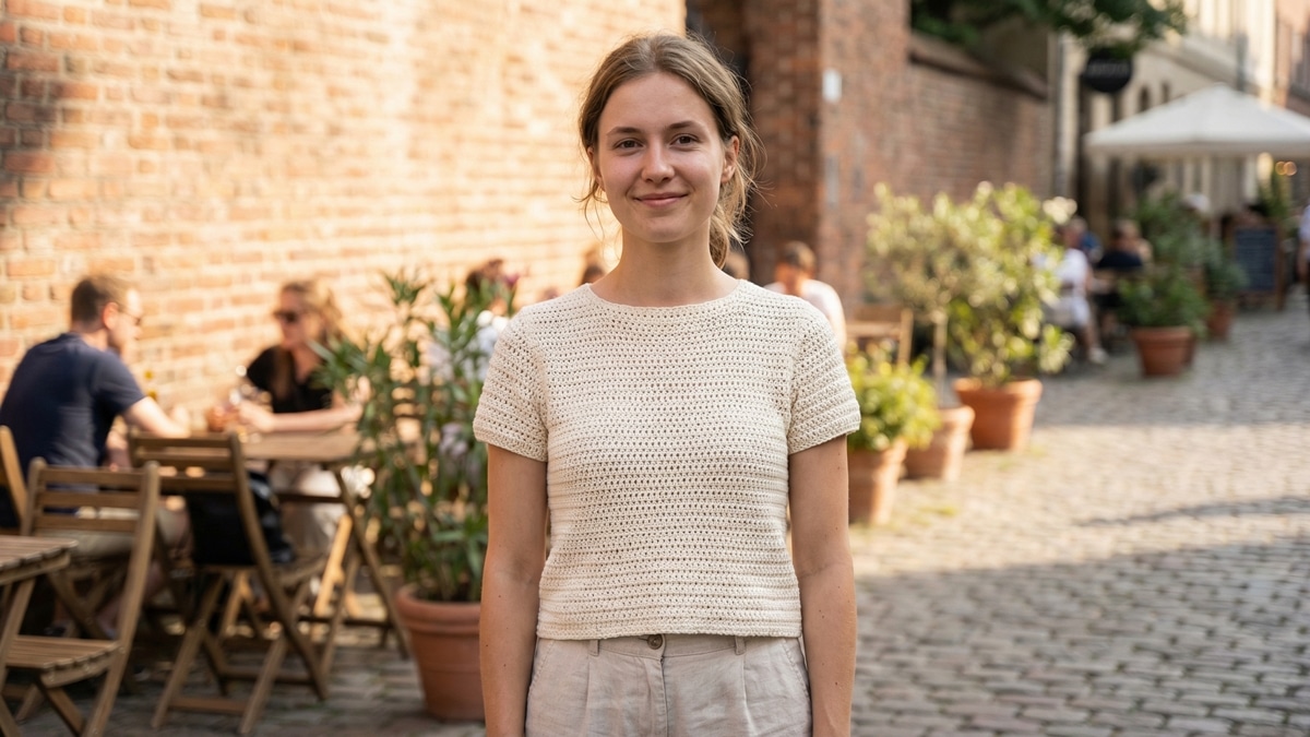 Mulher jovem sorridente em cenário urbano de verão, usando top de crochê artesanal em algodão off-white com trama simples e regular, estilo leve e natural, perfeito para iniciantes.