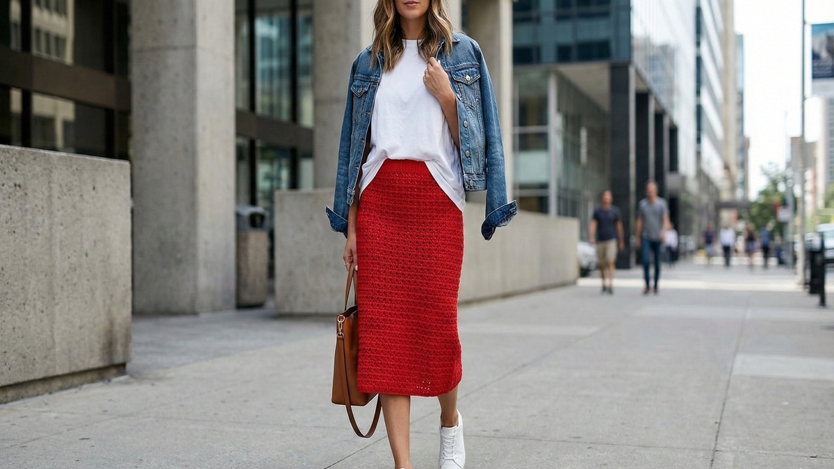 Mulher usando saia vermelha de crochê na cidade