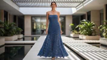 Mulher sorridente em ambiente de resort moderno usando vestido longo tomara que caia de crochê azul com textura rendada delicada, iluminação natural difusa
