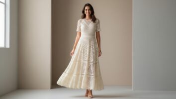 Mulher brasileira sorridente em ambiente minimalista com vestido de crochê branco off-white, modelagem elegante, textura rendada e estética de passarela, luz natural suave.