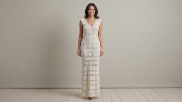 Mulher sorridente usando vestido longo de crochê artesanal em tom off-white com silhueta coluna, decote V e detalhes em renda delicada, em ambiente minimalista com luz natural destacando a textura do trabalho manual.