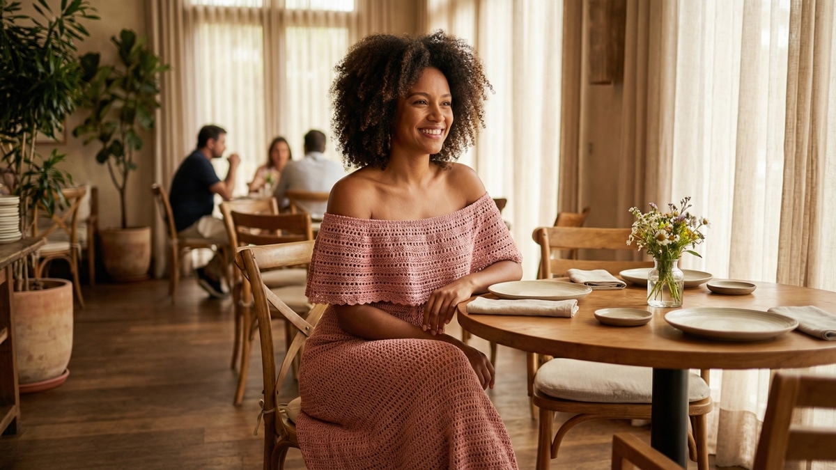 Mulher sorrindo usando vestido de crochê tomodão rosa com trama delicada, em ambiente elegante de restaurante com luz natural.