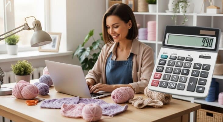 “Mulher sorridente no ateliê de crochê usando notebook e calculadora para precificar suas peças artesanais.”