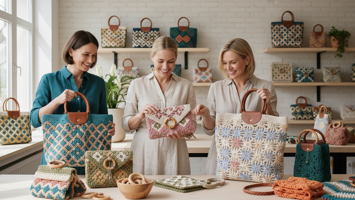 Mulheres sorrindo em ateliê artesanal elegante exibindo bolsas de crochê em diferentes formatos e cores com acabamentos de luxo