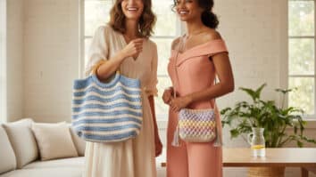 Duas mulheres sorrindo usando bolsas de crochê de diferentes estilos e cores em ambiente veranil com iluminação natural e tons quentes