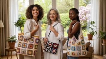 Mulheres diversas sorrindo com bolsas de crochê feitas de granny squares em diferentes estilos, cores e designs em ambiente aconchegante com vista para jardim e luz natural difusa