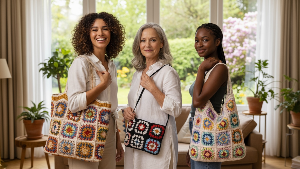 Mulheres diversas sorrindo com bolsas de crochê feitas de granny squares em diferentes estilos, cores e designs em ambiente aconchegante com vista para jardim e luz natural difusa