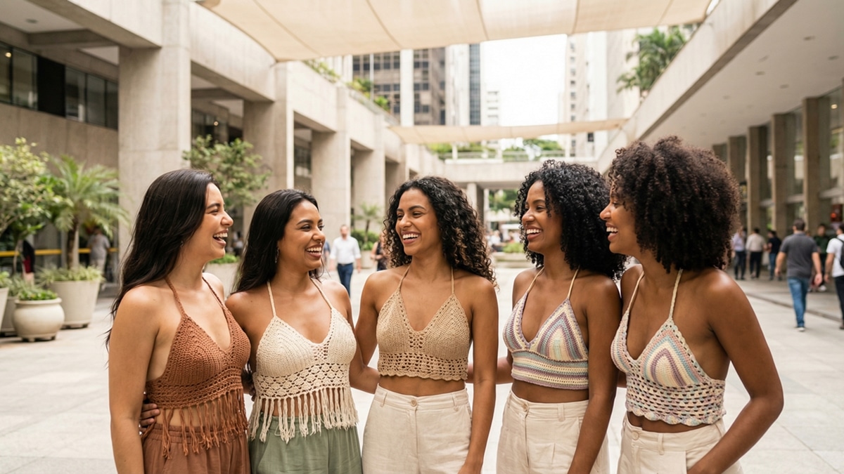 Mulheres brasileiras diversas vestindo croppeds artesanais de crochê em diferentes estilos e cores, em cenário urbano de verão com luz natural suave.