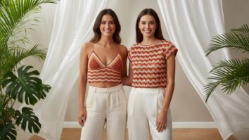 Duas mulheres jovens sorrindo usando croppeds de crochê em tons de terracota, coral e off-white em ambiente de verão