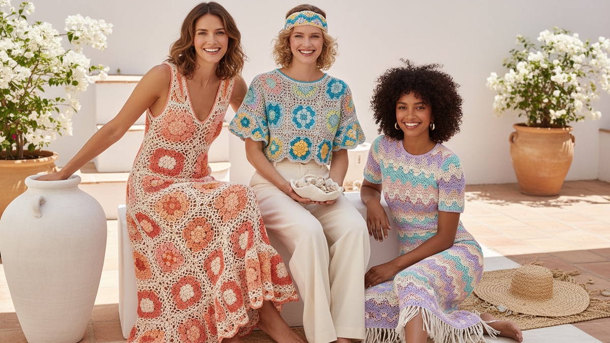 Mulheres sorrindo usando peças de crochê coloridas para o verão em ambiente iluminado com elementos decorativos sutis