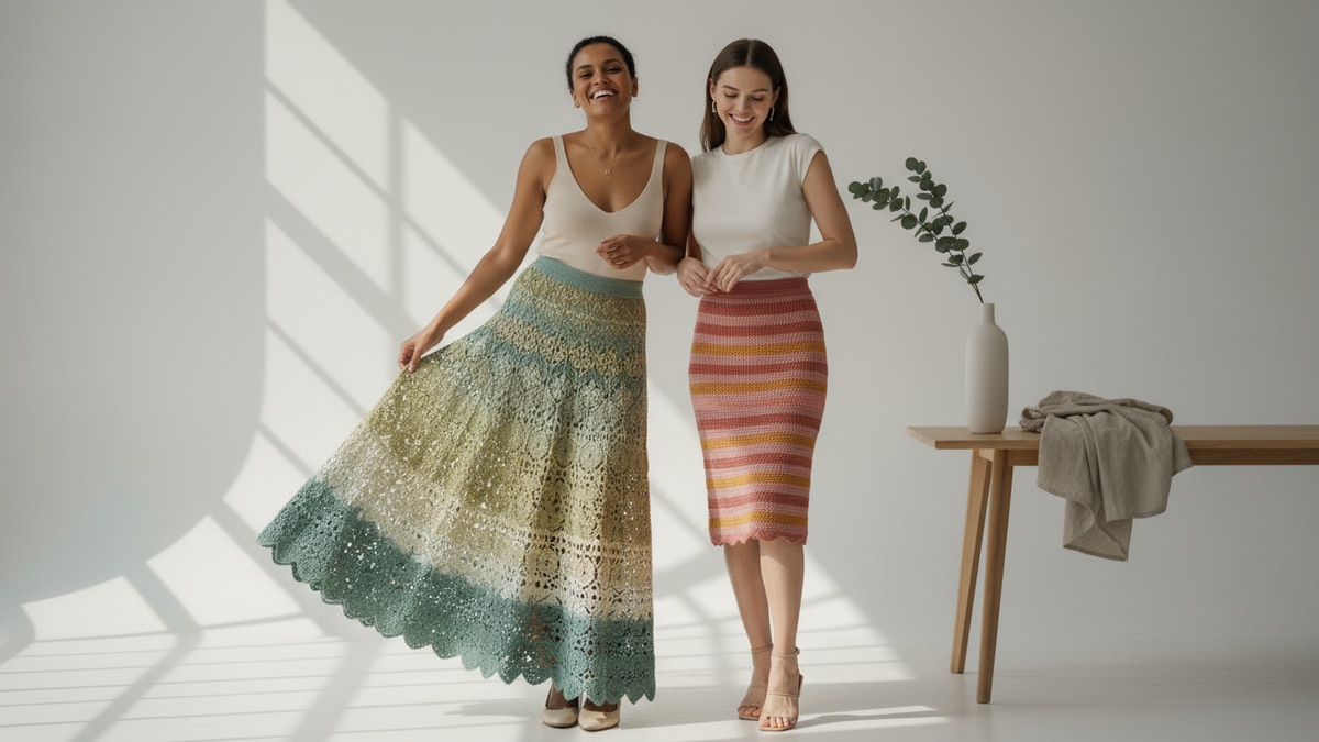 Duas mulheres sorrindo usando saias de crochê de diferentes estilos e cores em estúdio de moda contemporâneo com iluminação natural