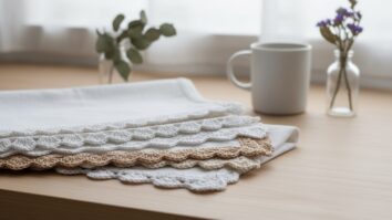 Bancada de cozinha com panos de prato brancos dobrados exibindo barradinhos de crochê delicados em ambiente clean com xícara e flores secas