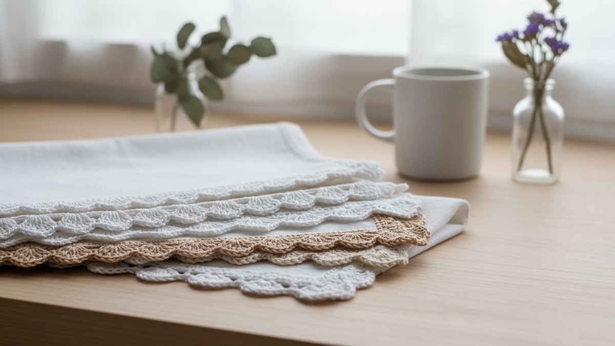 Bancada de cozinha com panos de prato brancos dobrados exibindo barradinhos de crochê delicados em ambiente clean com xícara e flores secas