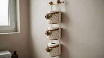 Porta papel higiênico de crochê artesanal com textura de ponto baixo firme, bico em ponto caranguejo e alça delicada em ambiente de banheiro elegante