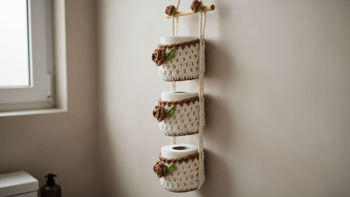 Porta papel higiênico de crochê artesanal com textura de ponto baixo firme, bico em ponto caranguejo e alça delicada em ambiente de banheiro elegante