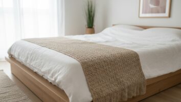 Quarto contemporâneo com cama de madeira clara, enxoval branco e peseira de crochê artesanal em tons bege e fendi, iluminado por luz natural difusa criando atmosfera acolhedora e elegante.