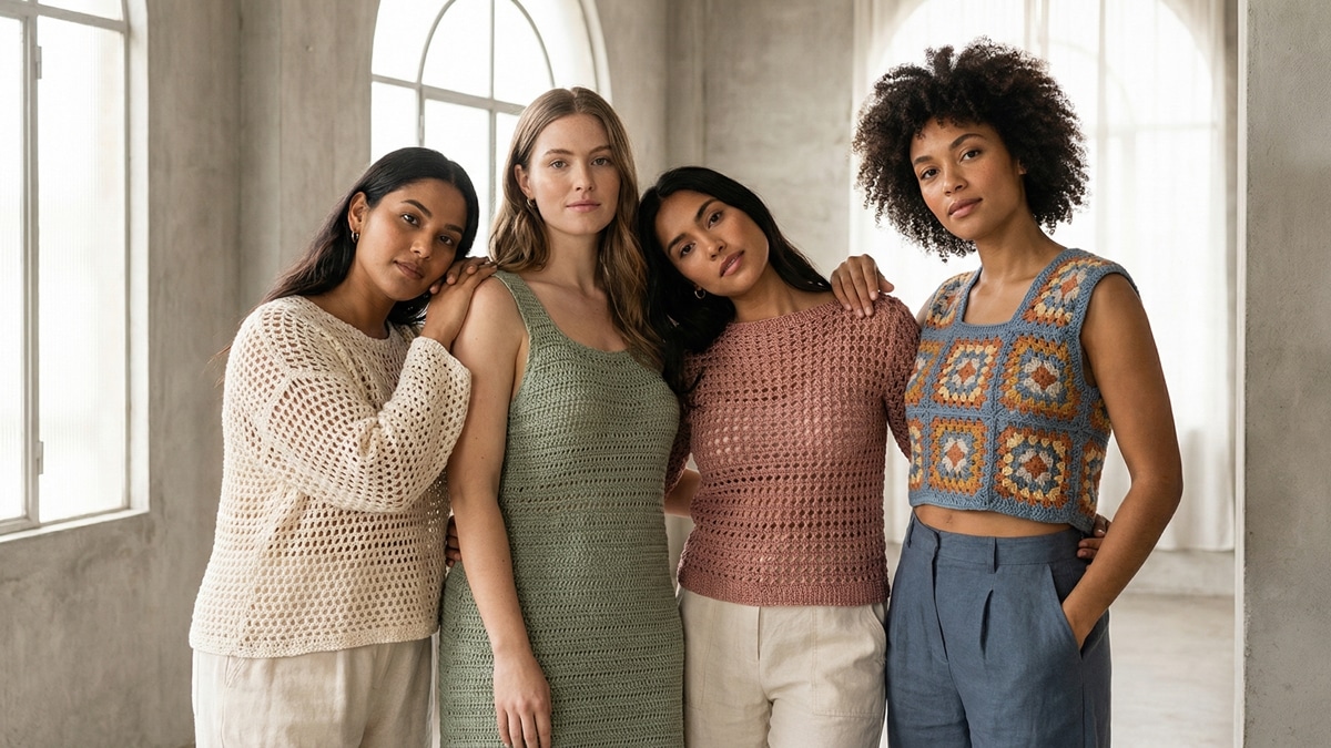 Quatro mulheres em ambiente unificado usando blusa, vestido, top e cropped de crochê com designs diferenciados.
