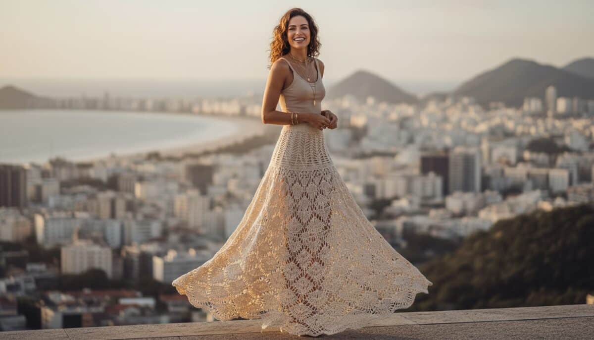 Mulher sorrindo usando saia de crochê artesanal em tom cru com ponto rendado em leques e caimento fluido, em cenário urbano brasileiro com luz natural.