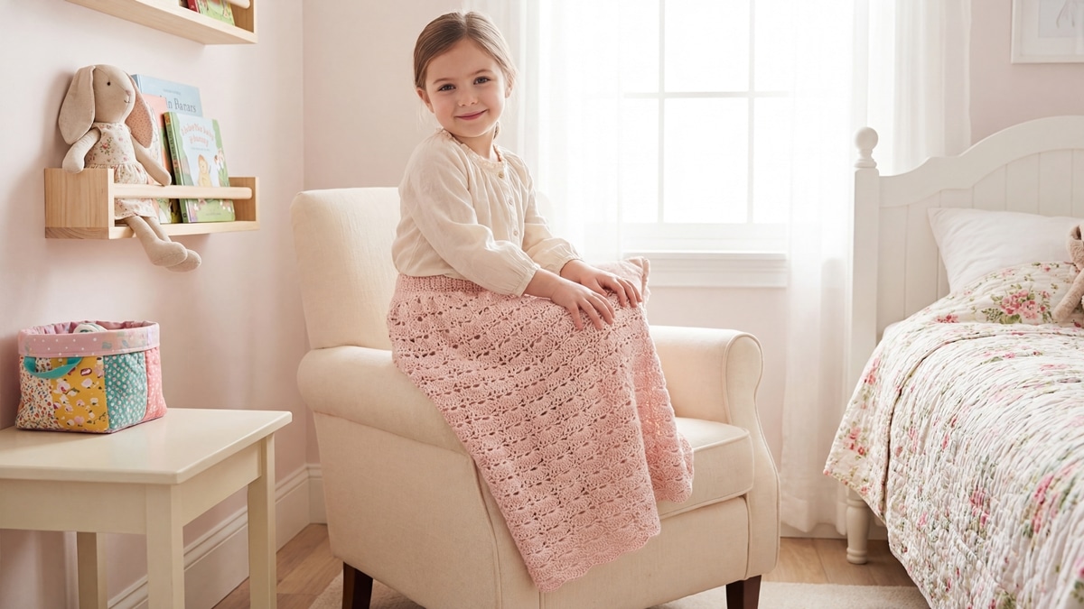 Menina sorrindo com saia de crochê rosa claro em quarto infantil delicado com bichinho de pelúcia e mobiliário claro
