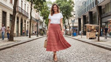 Mulher sorridente em cenário urbano brasileiro contemporâneo usando saia artesanal de crochê em algodão vermelho com modelagem moderna, textura rendada suave e luz natural difusa realçando o movimento da trama.
