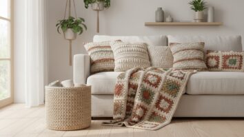 Sala aconchegante com sofá de linho claro decorado com almofadas de crochê, manta dobrada e cesto no chão em ambiente iluminado naturalmente