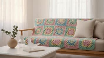 Sala aconchegante com sofá de madeira clara decorado com uma manta de crochê artesanal em quadradinhos coloridos em tons pastéis, complementada por almofadas neutras e decoração suave em ambiente com iluminação natural difusa.