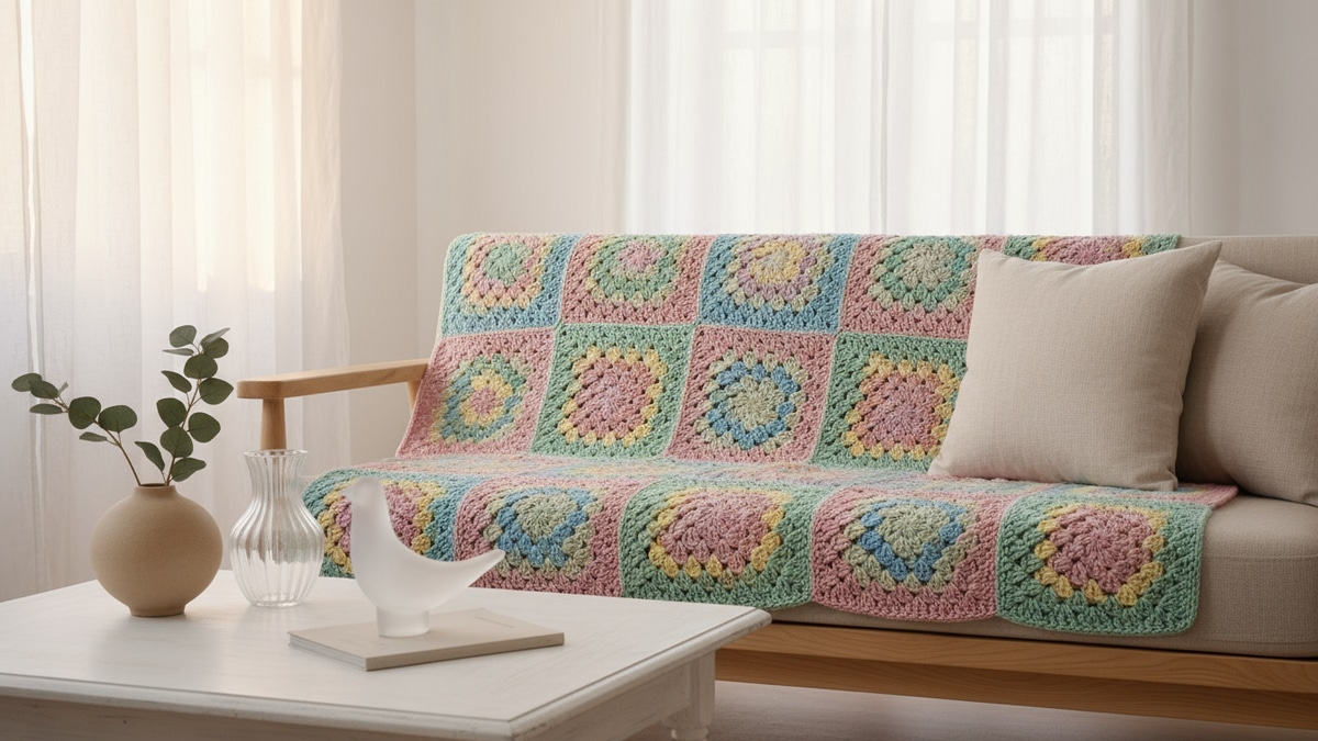Sala aconchegante com sofá de madeira clara decorado com uma manta de crochê artesanal em quadradinhos coloridos em tons pastéis, complementada por almofadas neutras e decoração suave em ambiente com iluminação natural difusa.