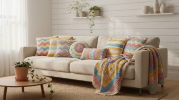 Sala de estar com sofá de linho claro decorado com almofadas e manta de crochê coloridas em ambiente acolhedor