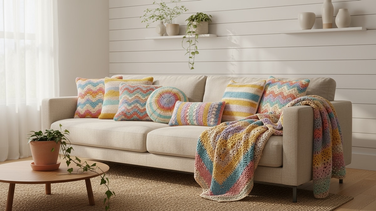 Sala de estar com sofá de linho claro decorado com almofadas e manta de crochê coloridas em ambiente acolhedor