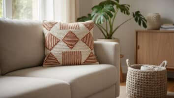 Sala contemporânea com capa de almofada de crochê em algodão cru e terracota com trama geométrica sobre sofá de linho bege, com luz natural difusa, madeira clara, planta verde e cesto de crochê neutro
