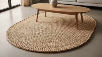 Sala contemporânea com tapete oval de crochê artesanal em tom areia sob mesa de centro de madeira clara com vaso de cerâmica neutra, sobre piso de cimento queimado claro, iluminada por luz natural difusa.