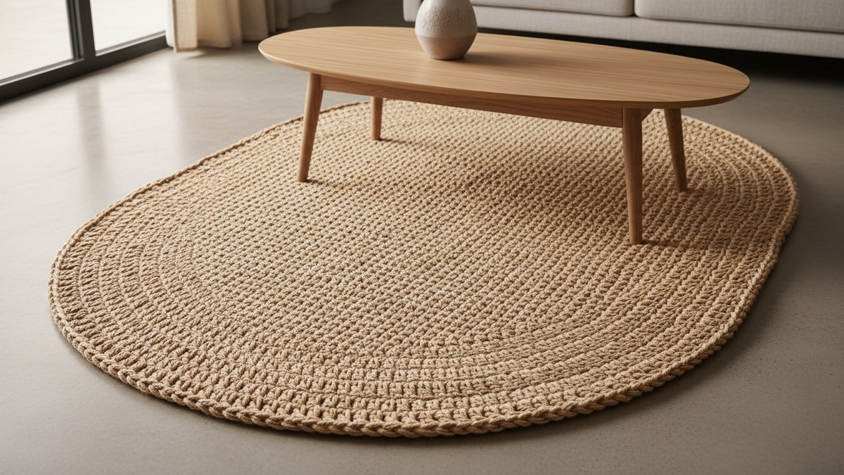 Sala contemporânea com tapete oval de crochê artesanal em tom areia sob mesa de centro de madeira clara com vaso de cerâmica neutra, sobre piso de cimento queimado claro, iluminada por luz natural difusa.