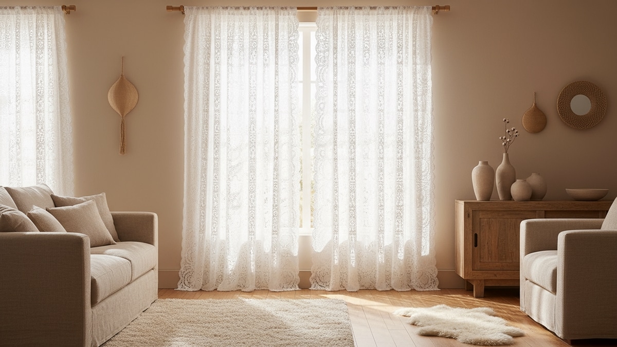 Sala ensolarada com delicadas cortinas de crochê branco em estilo filet filtrando a luz natural através da janela