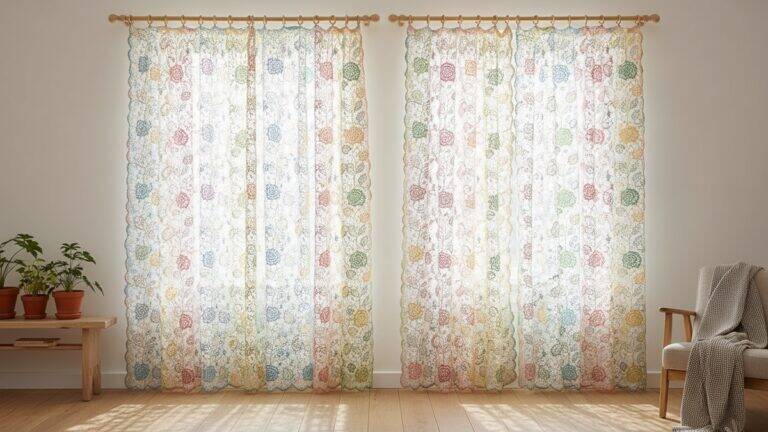Sala iluminada com cortinas de crochê coloridas em padrão floral penduradas em varão de madeira clara