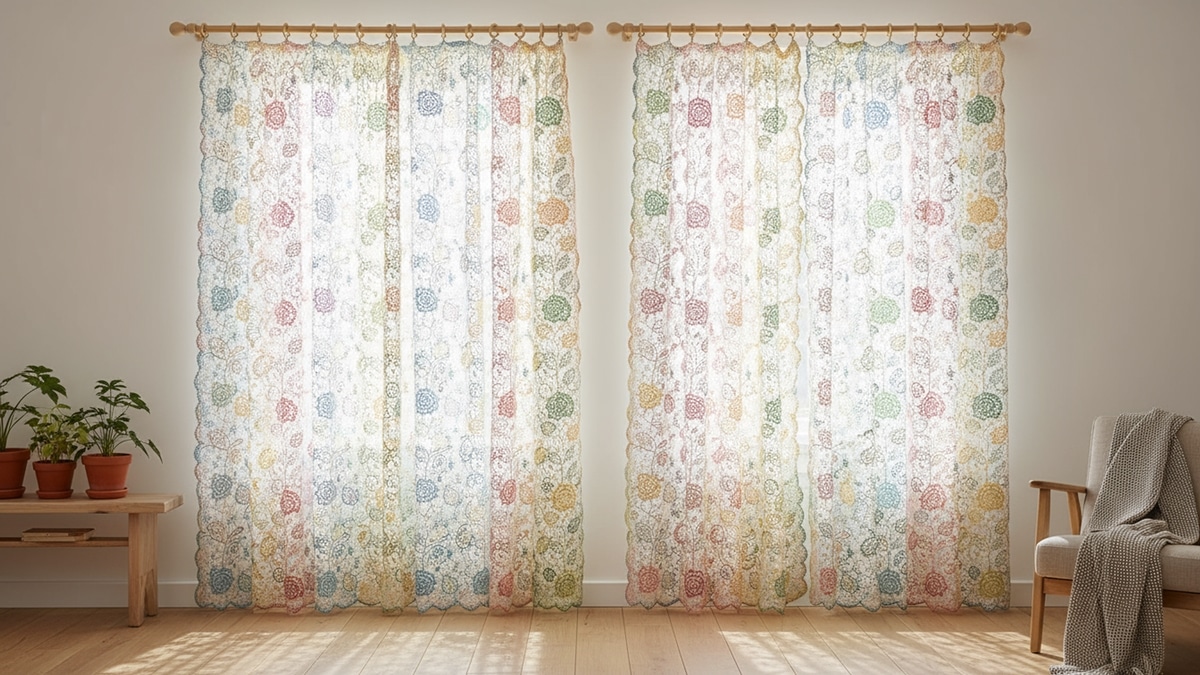 Sala iluminada com cortinas de crochê coloridas em padrão floral penduradas em varão de madeira clara