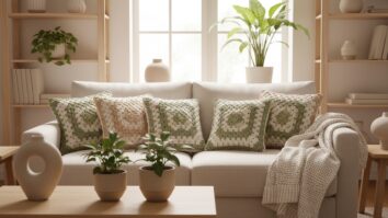 Sala de estar aconchegante com almofadas de crochê artesanais em tons cru, areia e verde folha sobre sofá neutro em linho claro, decoração boho minimalista com madeira clara, plantas e cerâmica neutra