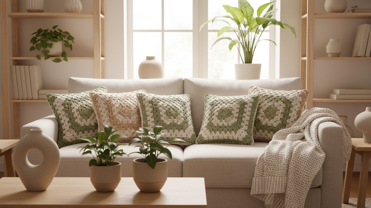 Sala de estar aconchegante com almofadas de crochê artesanais em tons cru, areia e verde folha sobre sofá neutro em linho claro, decoração boho minimalista com madeira clara, plantas e cerâmica neutra