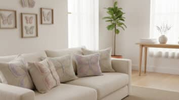 Sala de estar com borboletas de crochê decorando almofadas e quadros em tons pastel