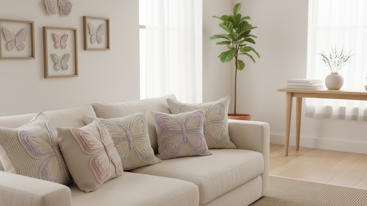 Sala de estar com borboletas de crochê decorando almofadas e quadros em tons pastel