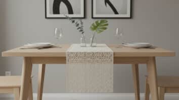 Sala de jantar sofisticada com caminho de crochê em algodão mercerizado off-white, cena editorial com atmosfera de galeria contemporânea