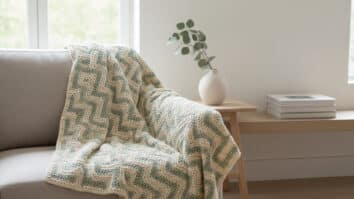 Sala aconchegante com manta de crochê artesanal elegante sobre sofá neutro sob luz natural difusa e elementos decorativos suaves