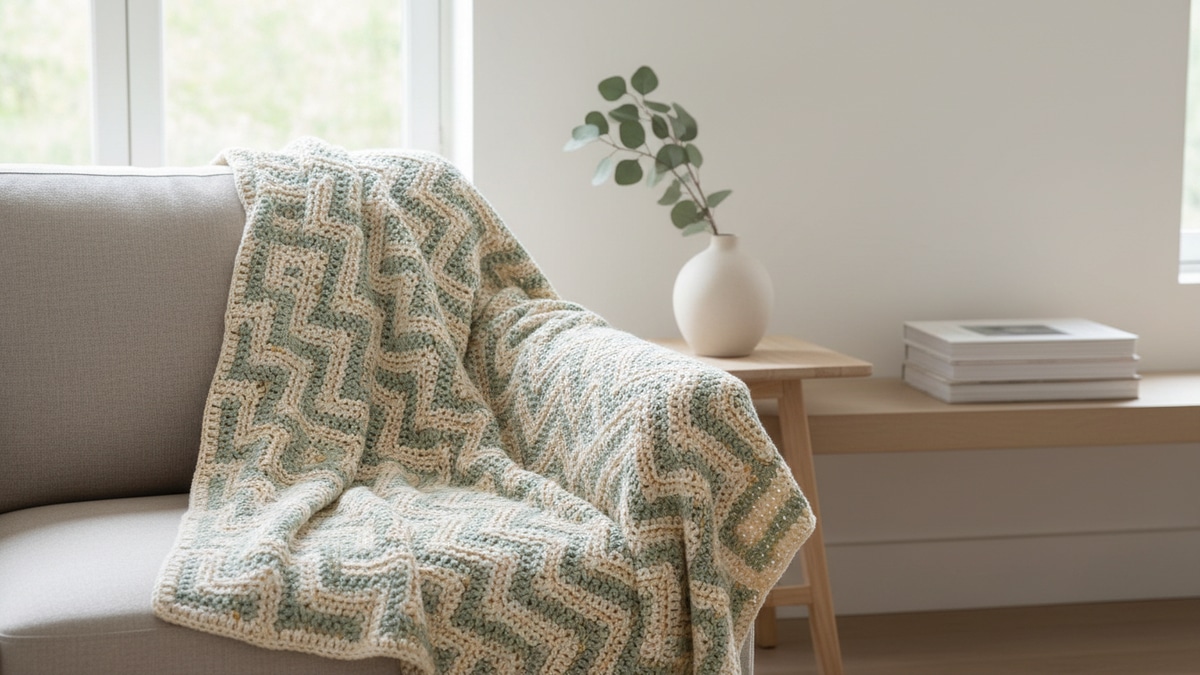 Sala aconchegante com manta de crochê artesanal elegante sobre sofá neutro sob luz natural difusa e elementos decorativos suaves