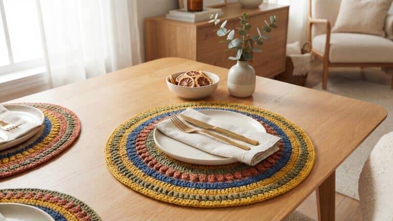 Sousplat de crochê artesanal colorido em paleta vibrante apoiado sobre louça neutra em mesa posta elegante, com luz natural difusa destacando a trama e textura detalhada da peça.