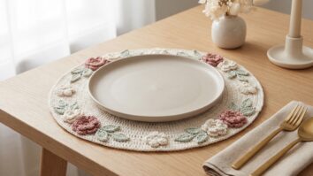 Sousplat de crochê off-white sob prato de cerâmica, mesa elegante com talheres dourados e guardanapo areia