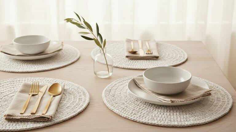 Sousplat de crochê artesanal em algodão branco com trama redonda bem definida, dispostos sobre mesa de madeira clara posta com louça neutra, guardanapo de linho e talheres minimalistas, em ambiente iluminado por luz natural difusa.