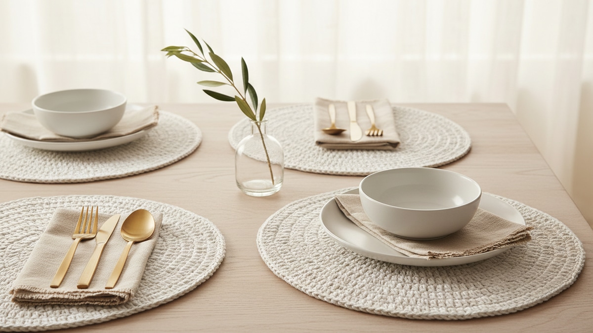 Sousplat de crochê artesanal em algodão branco com trama redonda bem definida, dispostos sobre mesa de madeira clara posta com louça neutra, guardanapo de linho e talheres minimalistas, em ambiente iluminado por luz natural difusa.