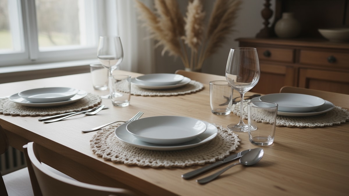 Mesa posta elegante com sousplats de crochê artesanais em tons cru e off-white sob louça branca e talheres de aço escovado, iluminada por luz natural difusa que realça as texturas.